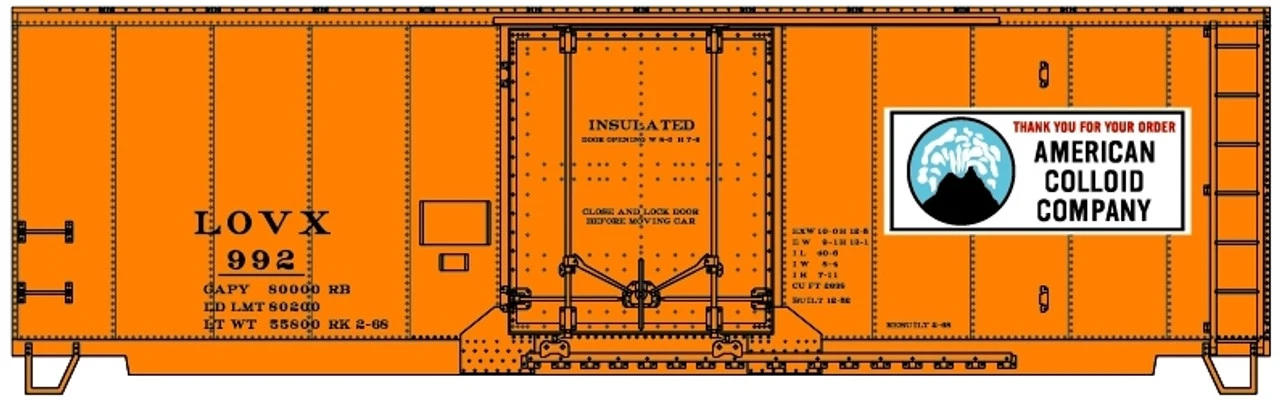 Accurail 81413 - 40' Insulated Steel Boxcar (Orange W/ Volcano Logo) American Colloid Company (LOVX) 992 - HO Scale Kit 3 Accurail 81413 - 40' Insulated Steel Boxcar (Orange W/ Volcano Logo) American Colloid Company (LOVX) 992 - HO Scale Kit