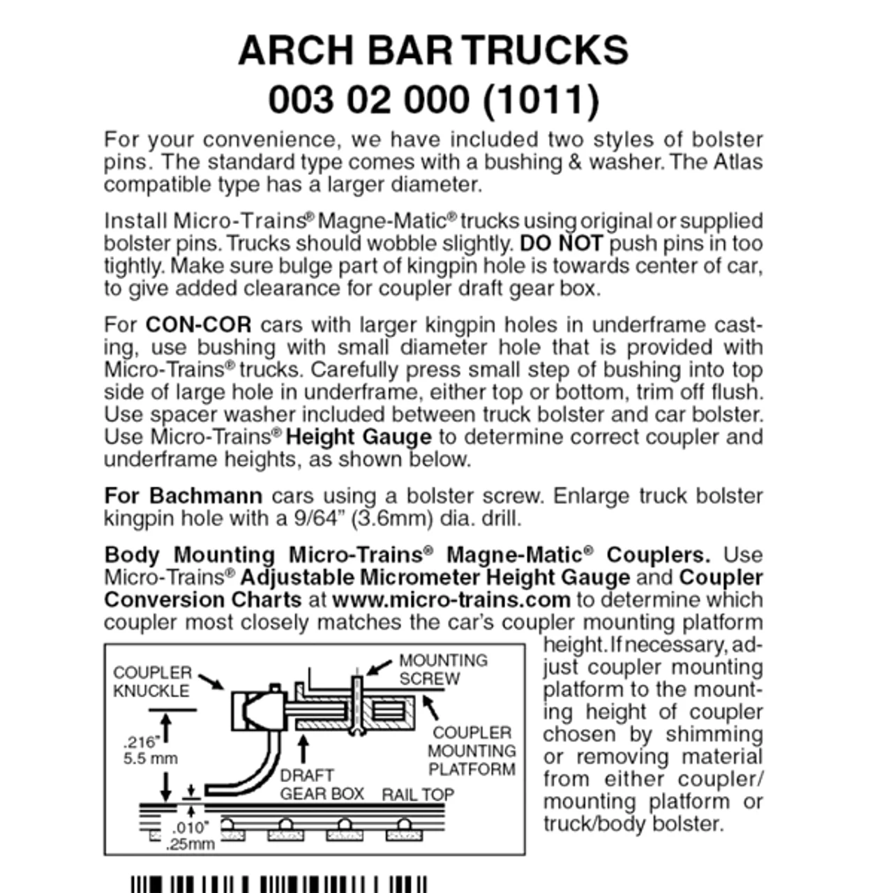 Micro-Trains 00302000 - Arch Bar Trucks Without Couplers (1011) 1 Pair 3 Micro-Trains 00302000 - Arch Bar Trucks Without Couplers (1011) 1 Pair